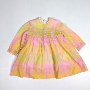 Vtg Dress 2T Pastel Plaid Smocked Semi Sheer Swiss Dot 70s Retro Hippie